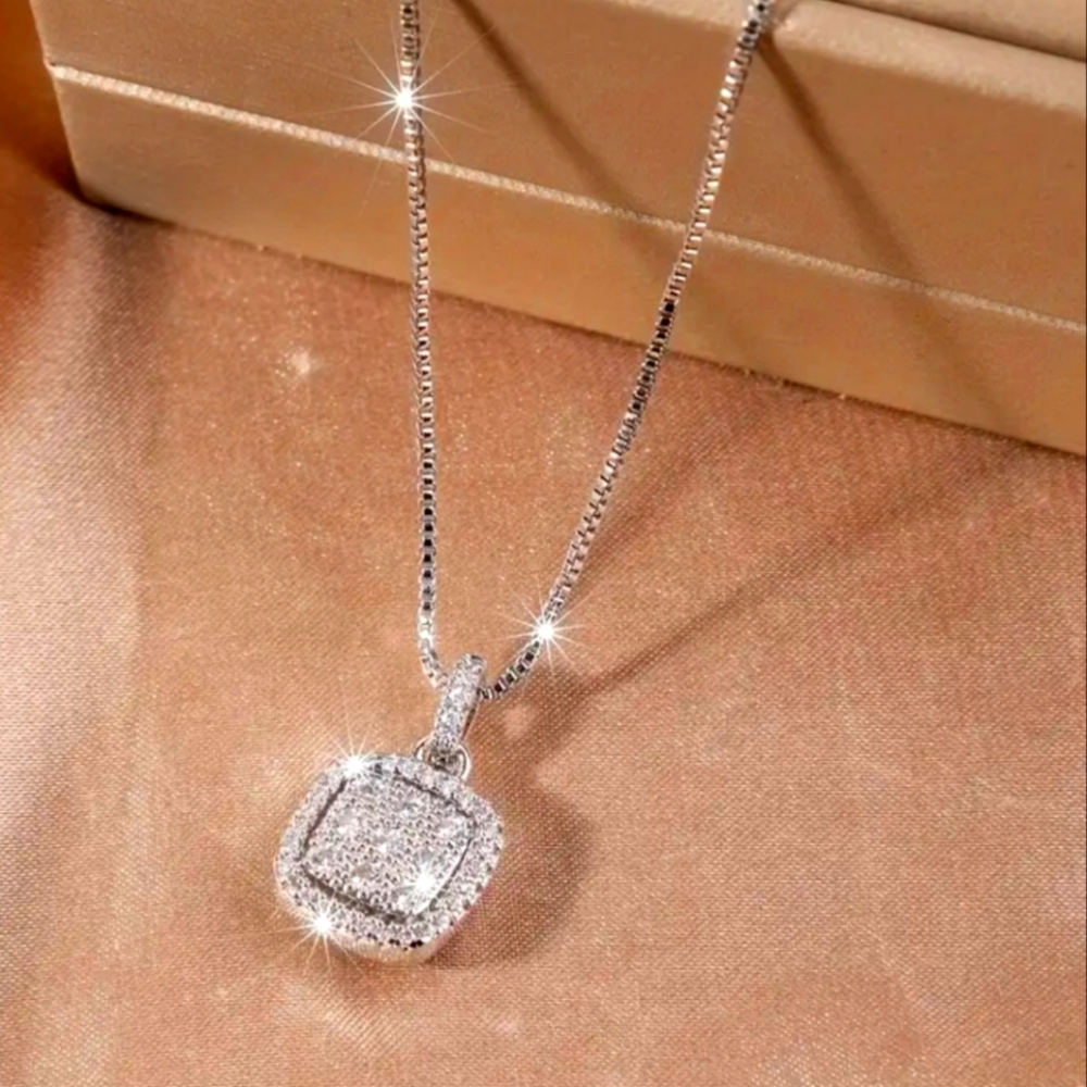 Luxurious & Elegant CZ Silver Plated Square Pendant Necklace.